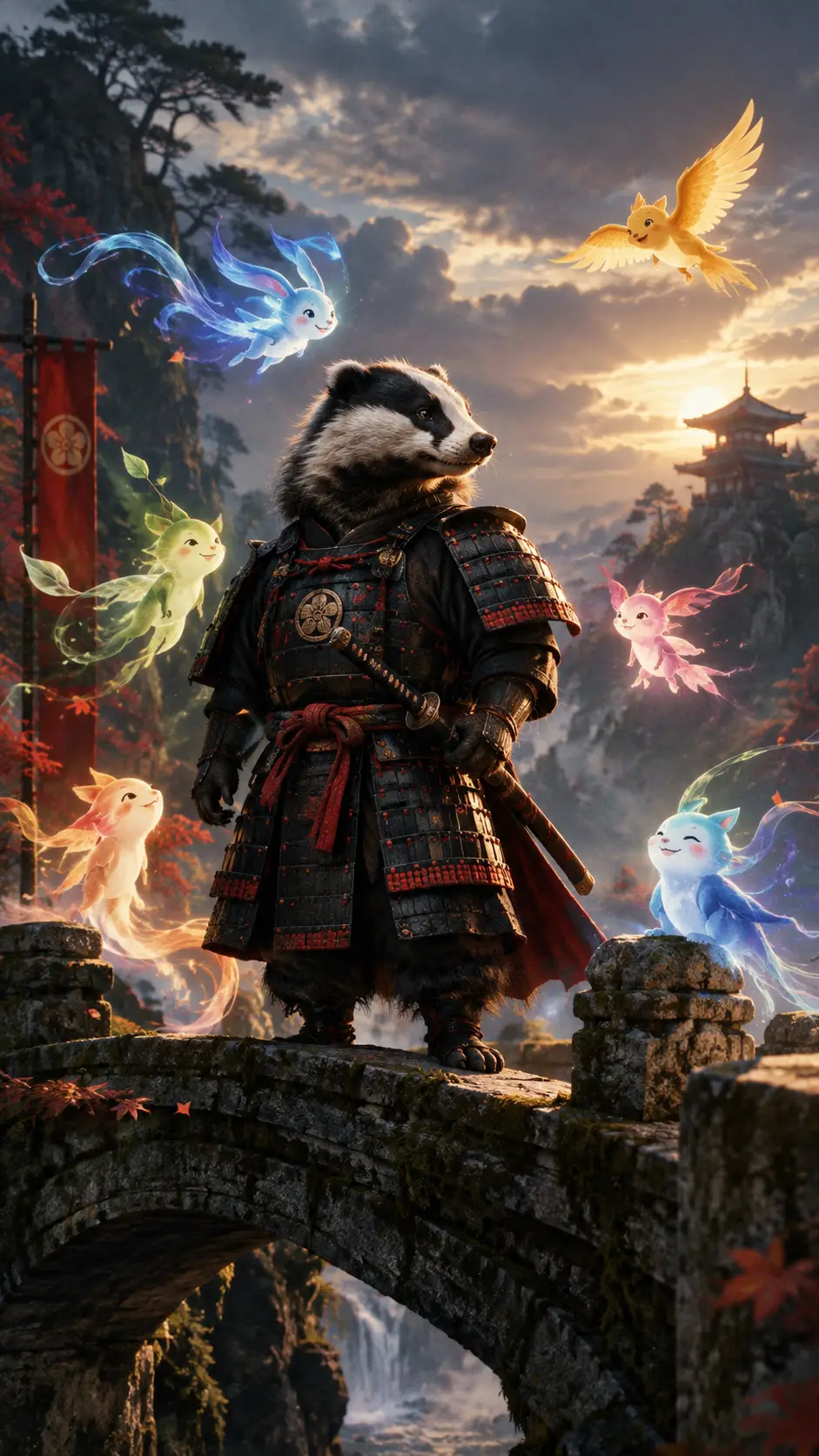 A samurai badger stands amid friendly spirits on an ancient stone bridge