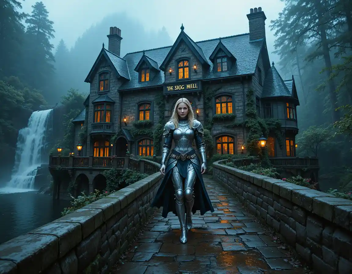 A gothic stone inn beside a waterfall in a misty forest