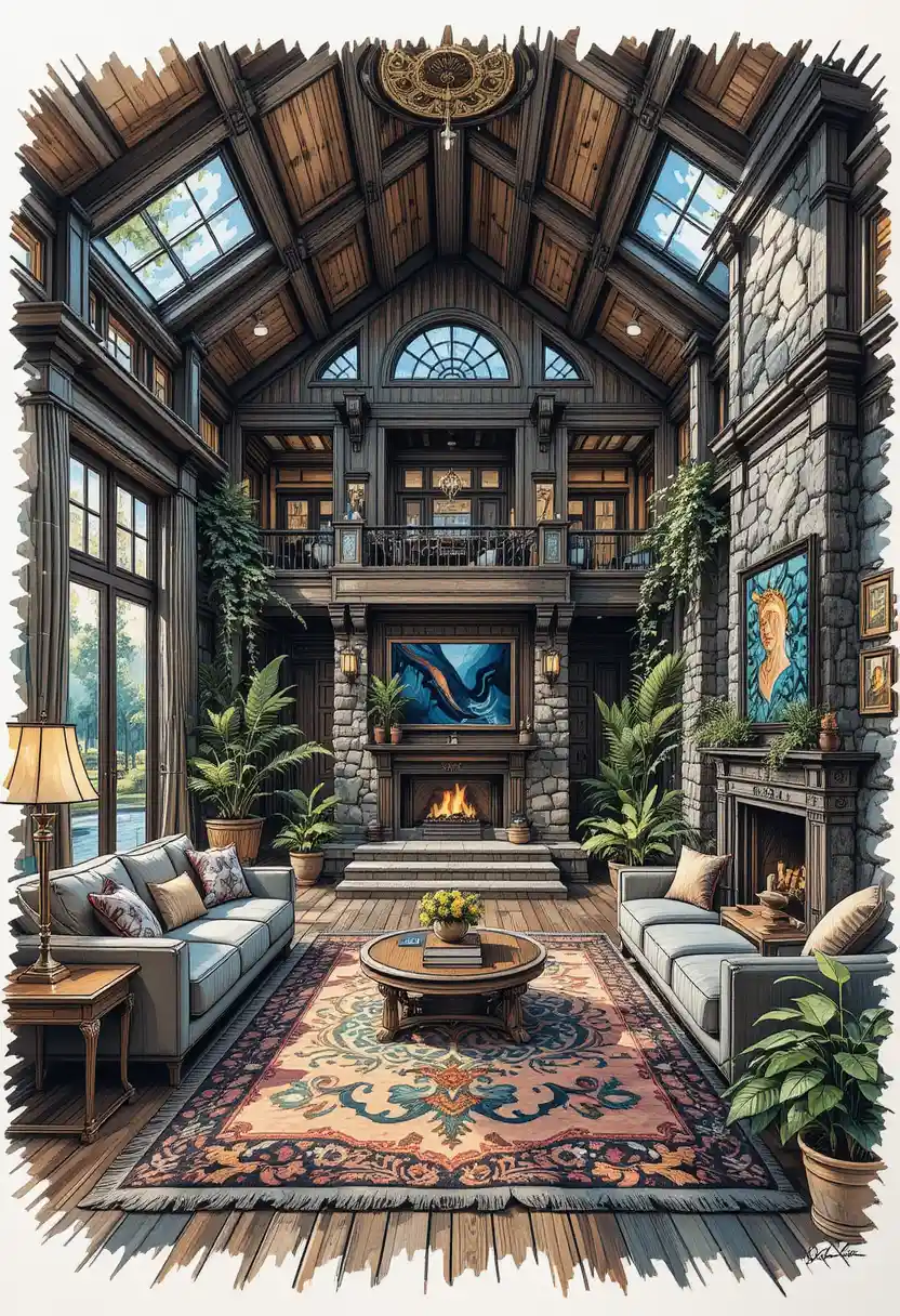 Colorful lounge room perspective sketch in marker illustration