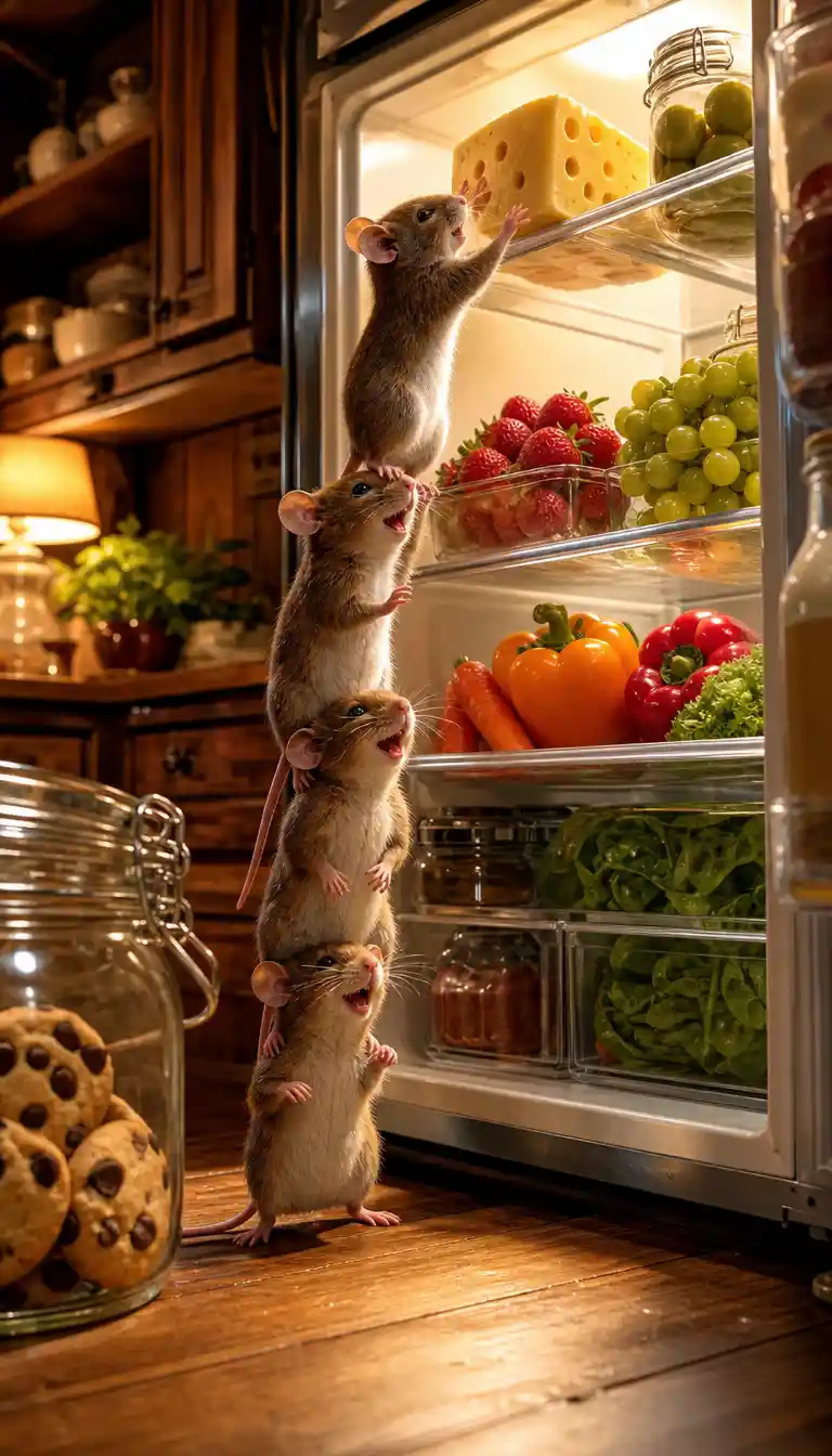 Four mice form a tower to reach cheese in an open refrigerator