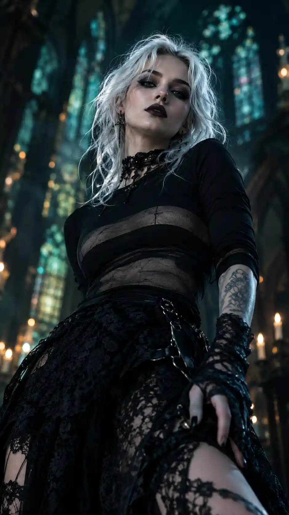 A gothic woman poses in a shadowy church amid luminous ink textures