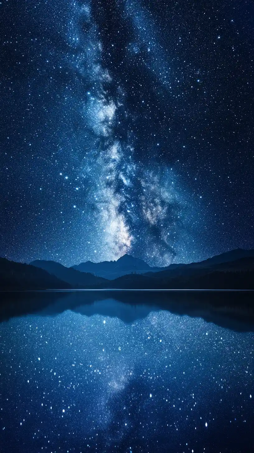 A Galaxy Forms Two Barely Touching Hands Above A Calm Lake