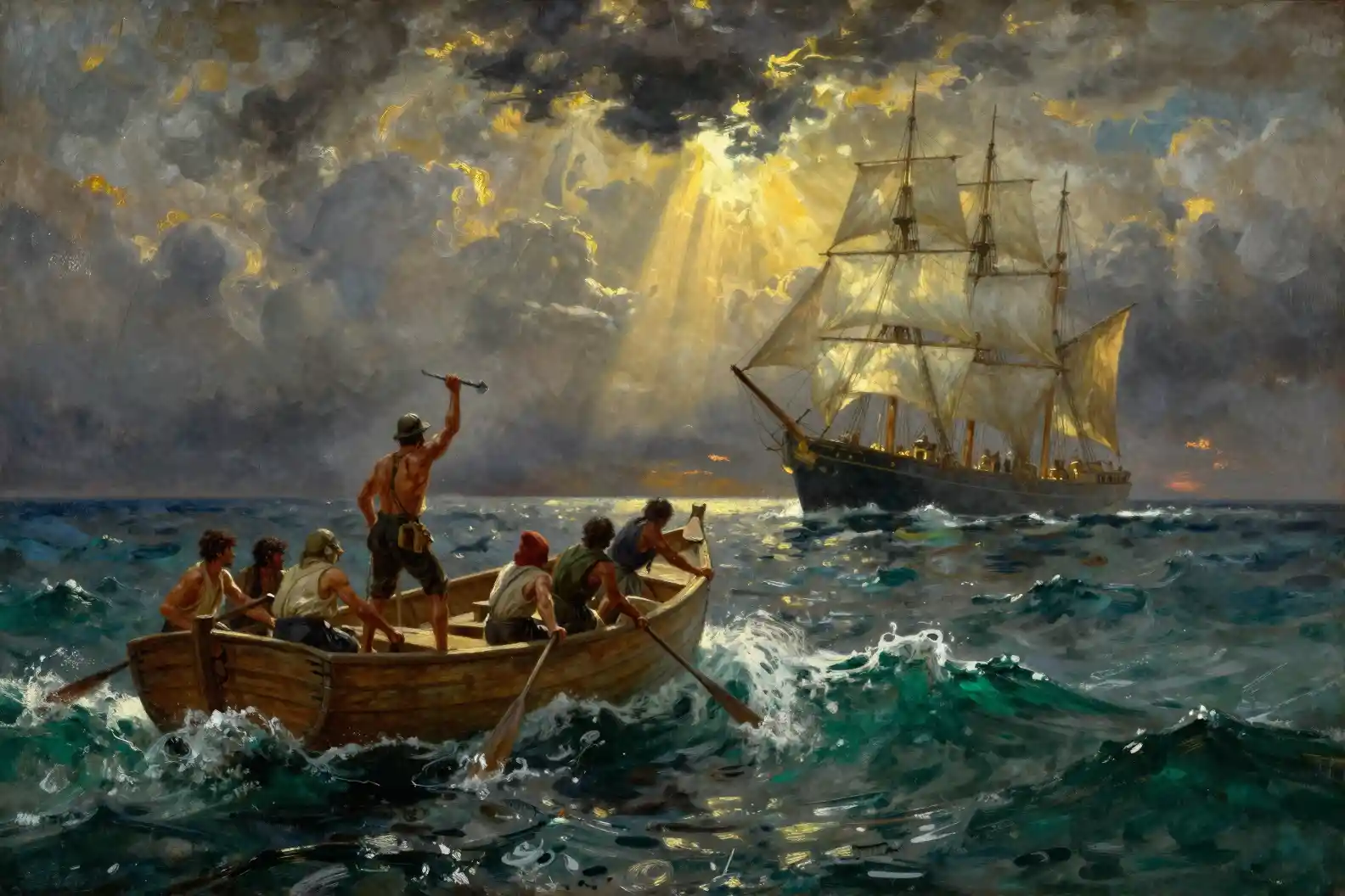 Sailors row a whaleboat through stormy seas in search of whales