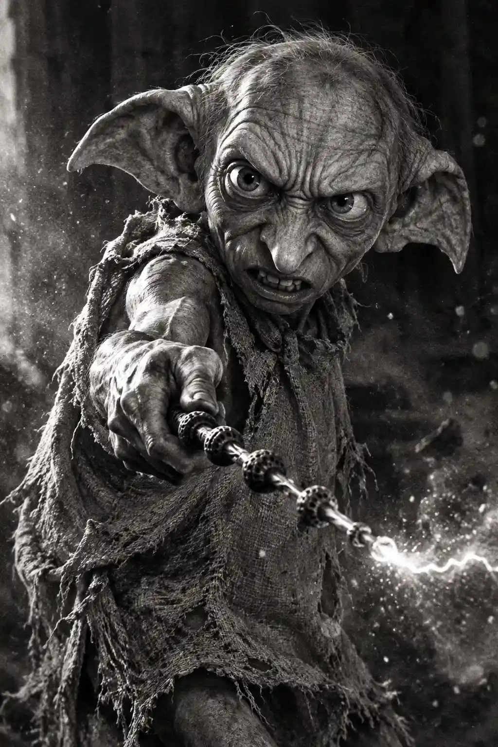 Dobby the house elf raises the Elder Wand in a fierce spellcasting stance