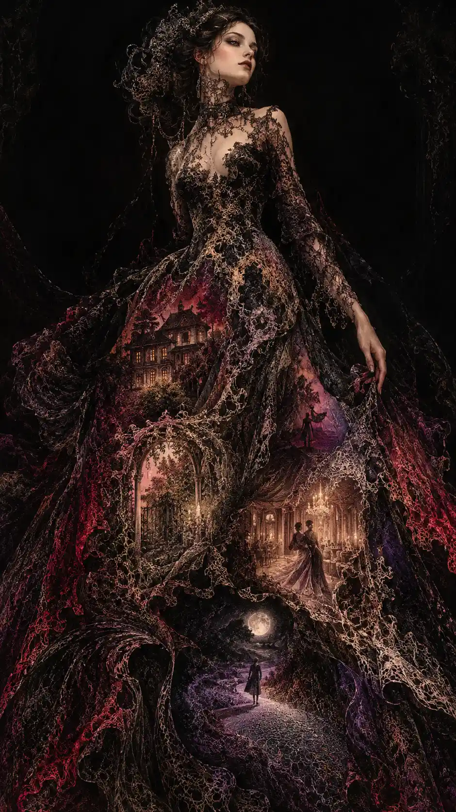 A woman in a black couture gown filled with ghostly memories