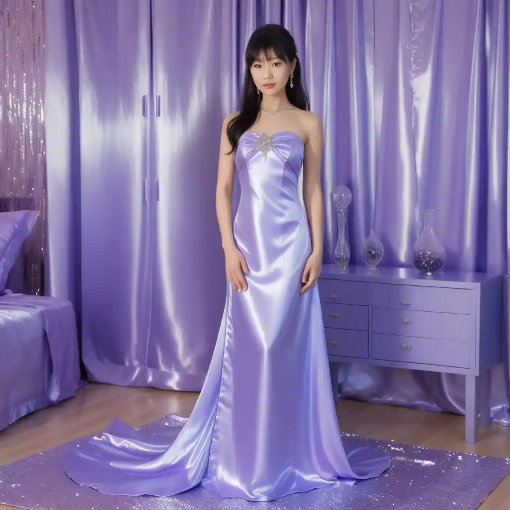 Young Japanese woman standing in a strapless satin gown