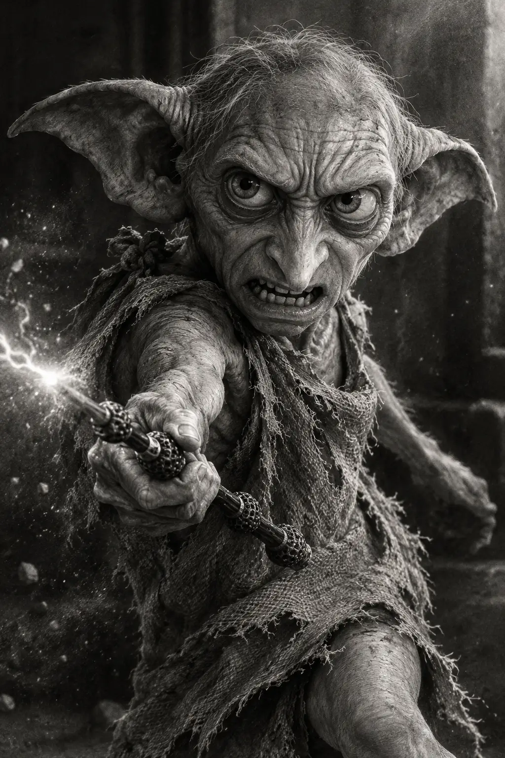 Dobby lance un sort avec la Baguette de Sureau dans un dessin au graphite saisissant
