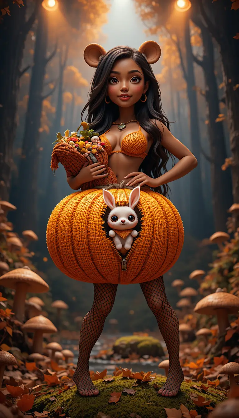 A curious bear holds a mushroom basket beside a bunny in a knitted pumpkin