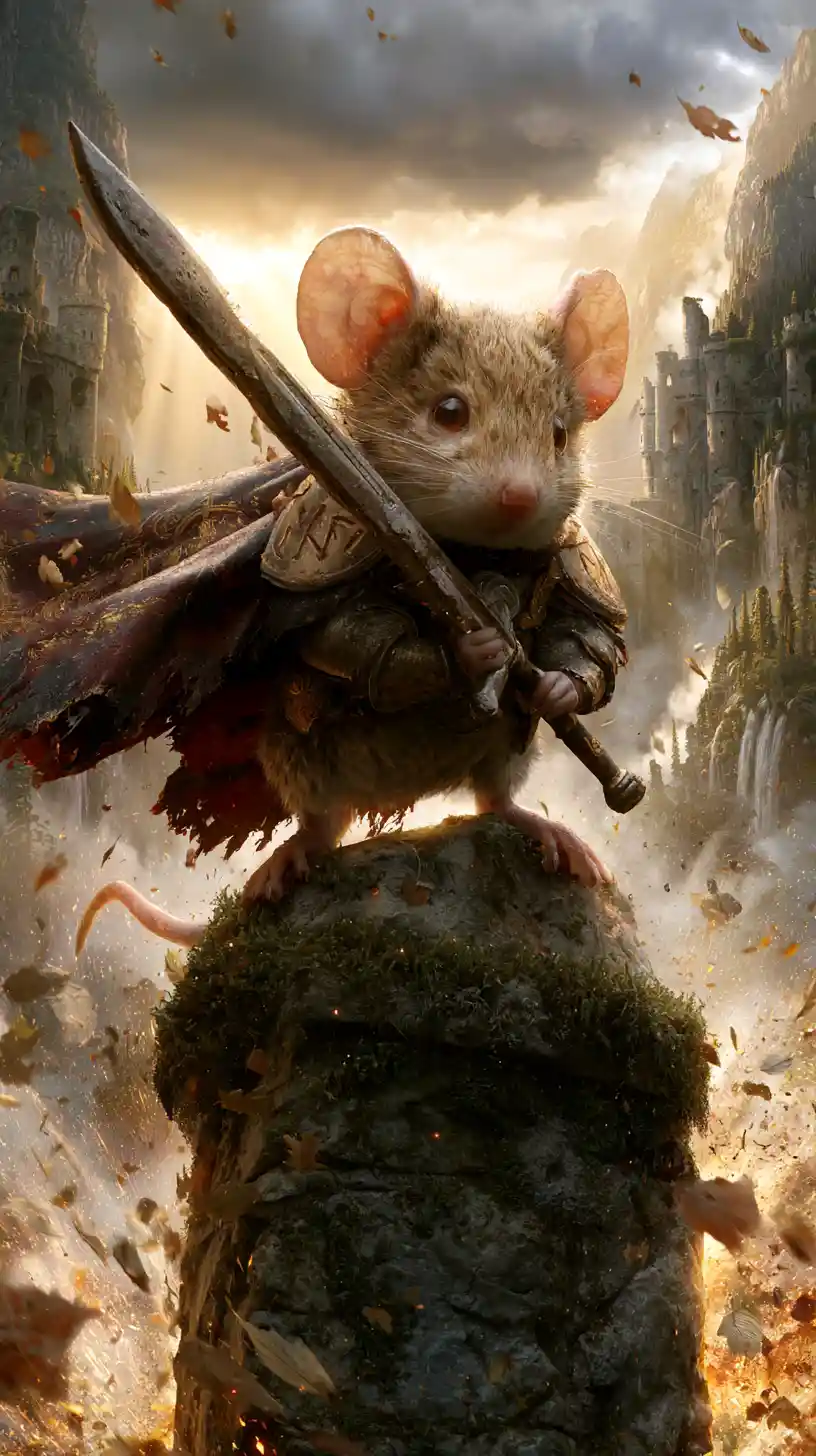 A tiny mouse hero stands above a vast mythical mountain realm