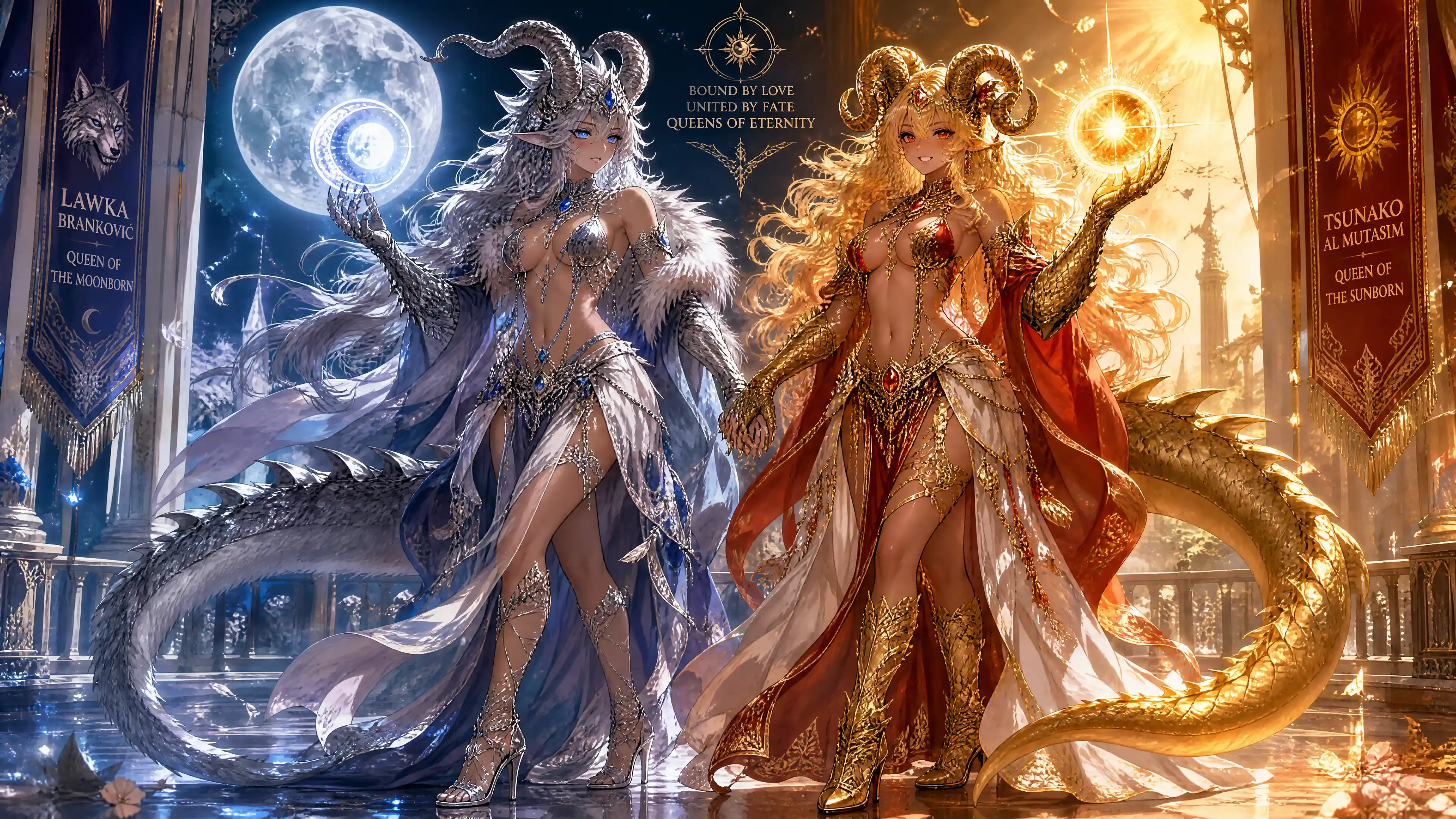 A moonborn queen with dragon horns and long silver-tipped hair