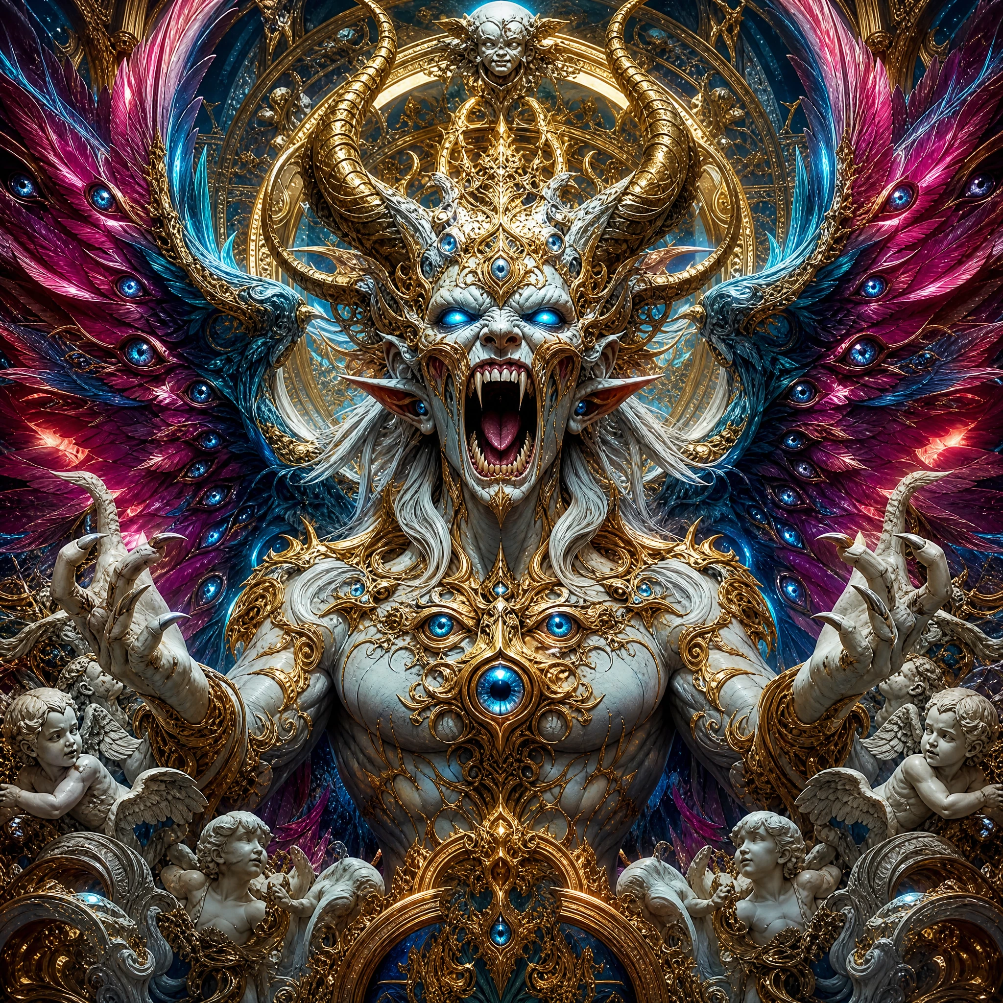 A roaring angelic-demonic hybrid with feathered wings and floating eyes