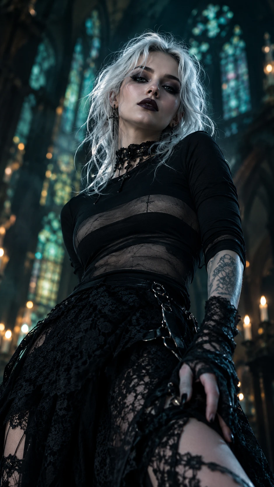 A gothic woman poses in a shadowy church amid luminous ink textures