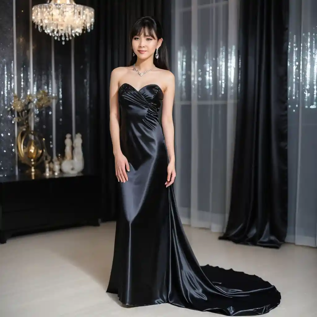 A young Japanese woman stands in a strapless black satin gown
