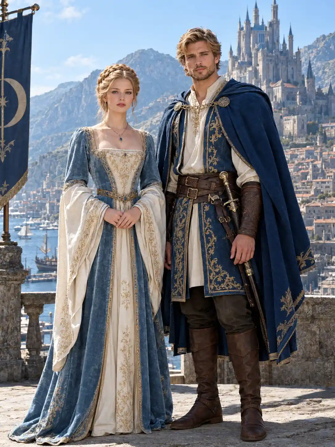 A young pair stand before a sunlit medieval fantasy city