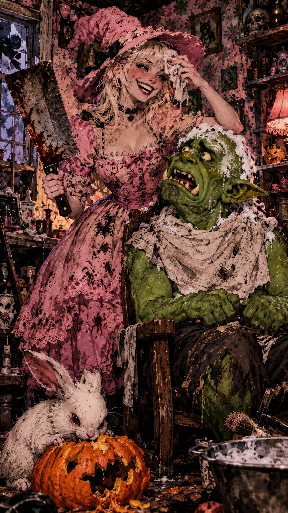 Una strega sorridente tiene una mannaia accanto a un orco verde spaventato