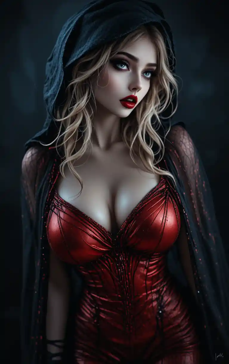 A vampire bends forward with sharp teeth and bloodshot red eyes