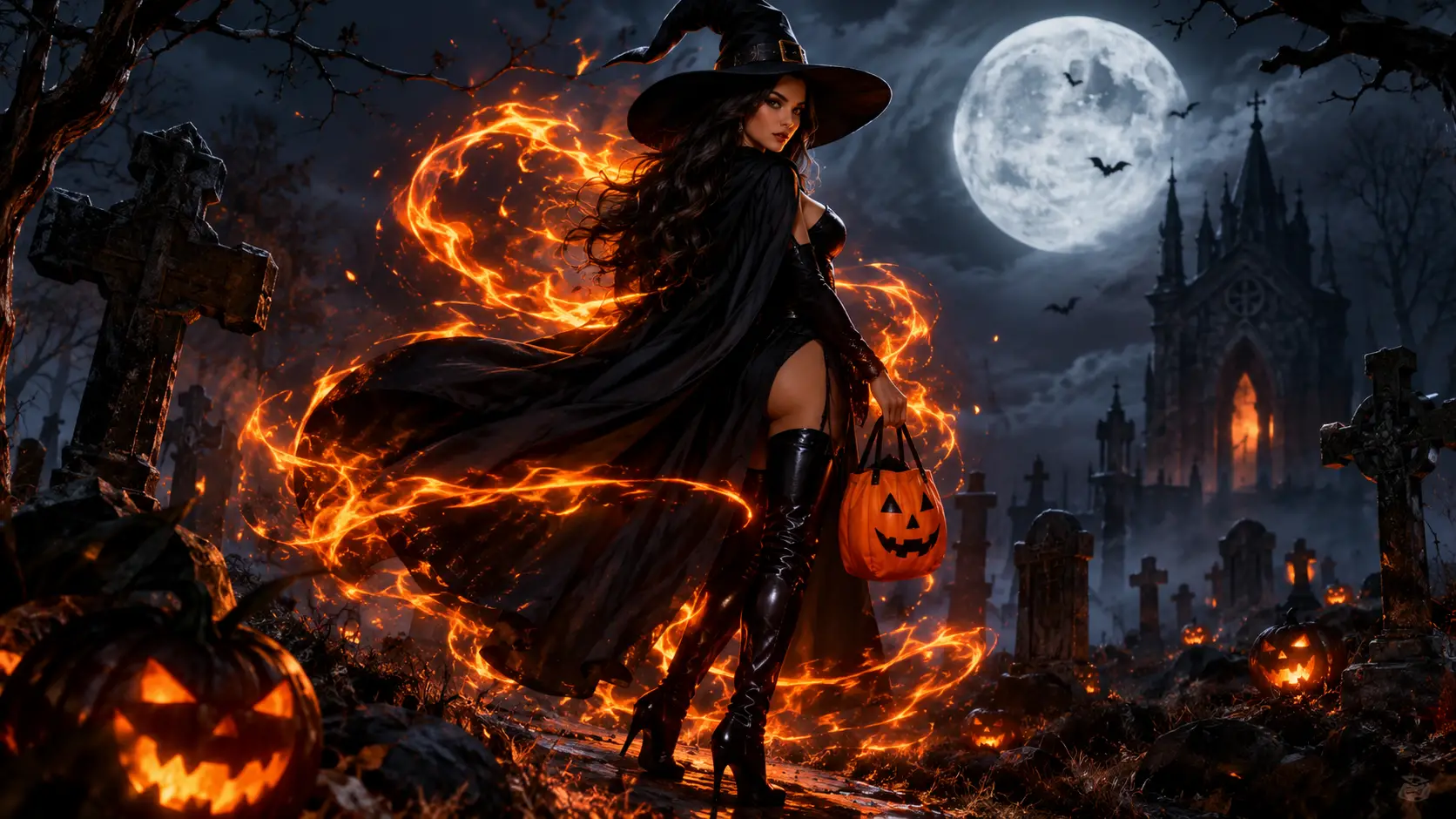 Una strega avvolta da fiamme luminose in un cimitero al chiaro di luna