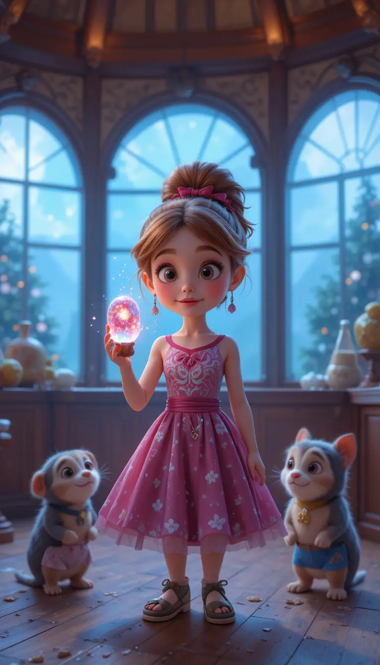 Little My holds a glowing quantum particle in close-up
