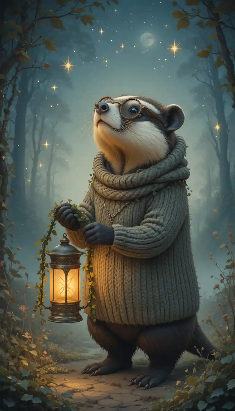 A bespectacled badger holds a glowing lantern beneath faint evening stars