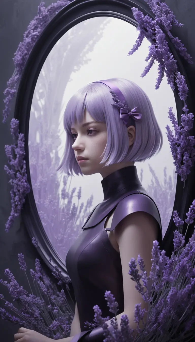 Lavender ribbons surround a reflective surface in a surreal dark setting