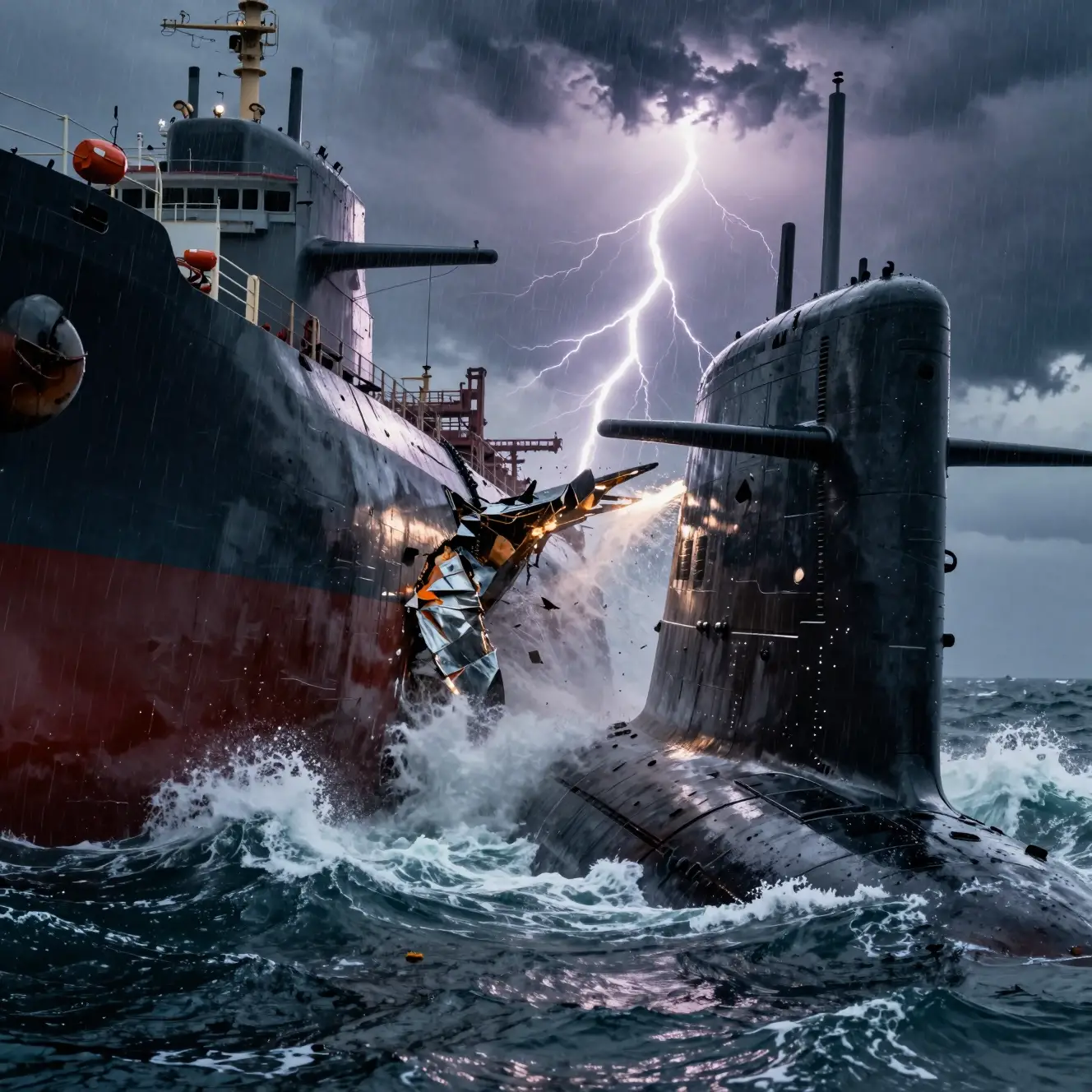 A submarine rams an oil tanker amid a violent ocean storm