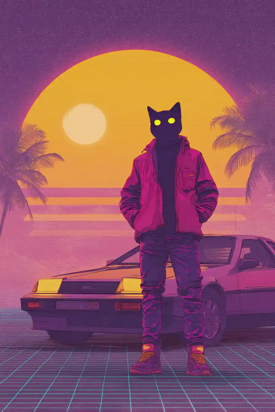 A hooded black cat with yellow eyes in a synthwave scene