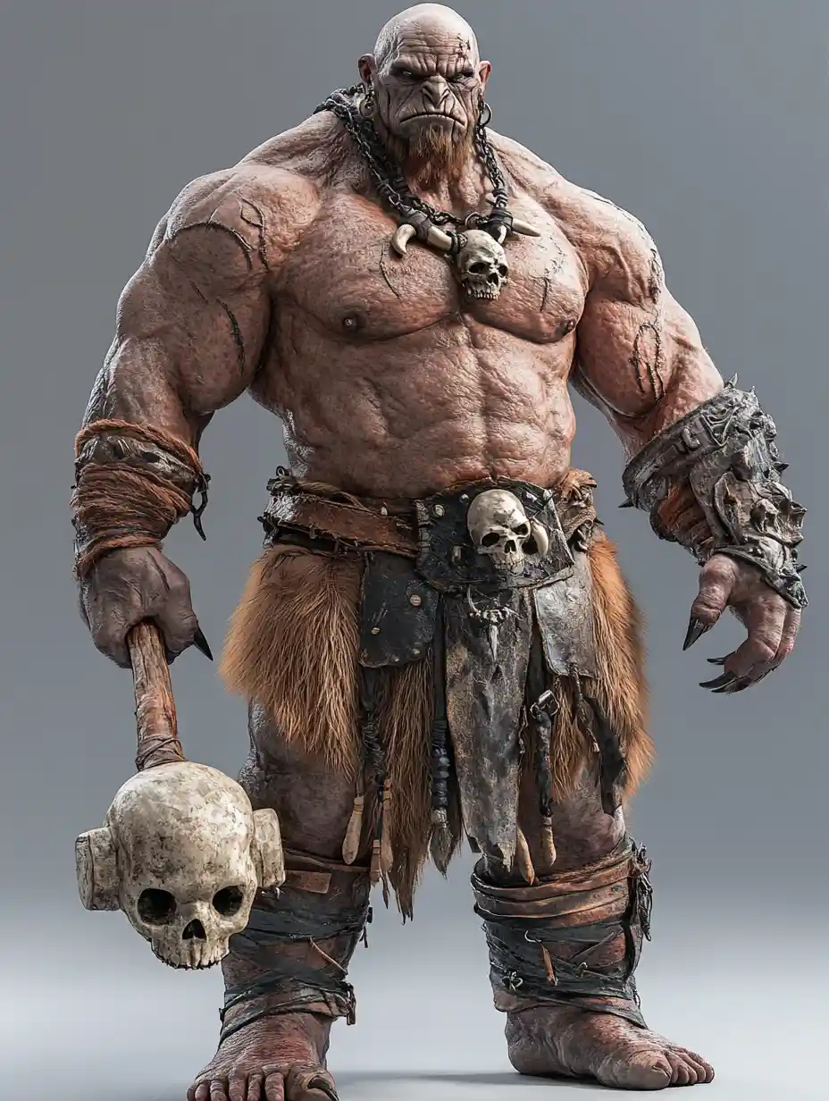 A muscular ogre carries a massive club against a gray background