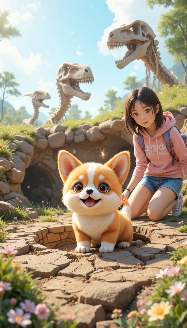 A curious corgi peers into a hole hiding giant dinosaur bones
