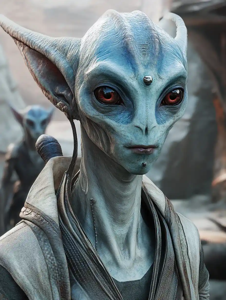 Two blue aliens with red eyes against a fantastic world