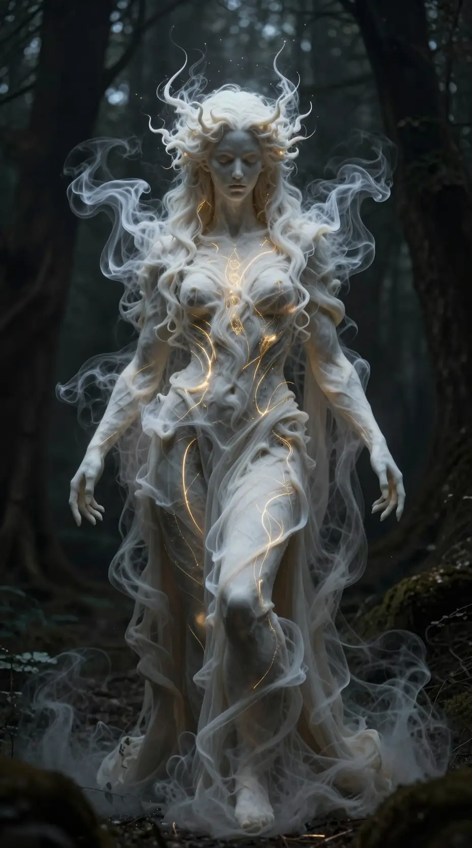 A Smoke Sculpted Deity Glows With Golden Lines In A Shadowed Forest