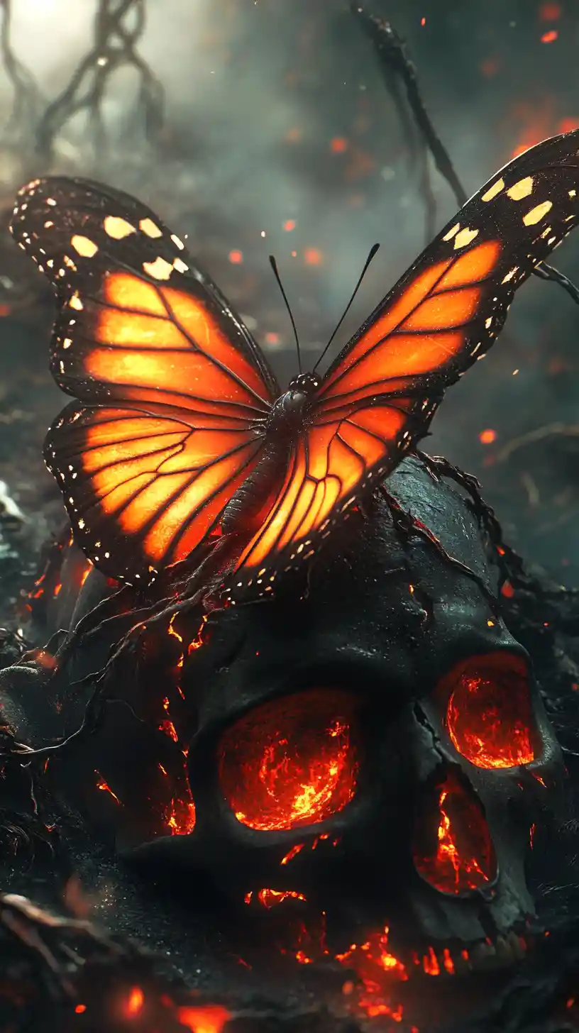 A fiery monarch butterfly emerging from a fallen warrior’s blackened skull