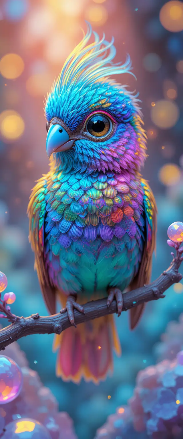 A tiny neon lovebird shimmers against a dreamlike psychedelic backdrop