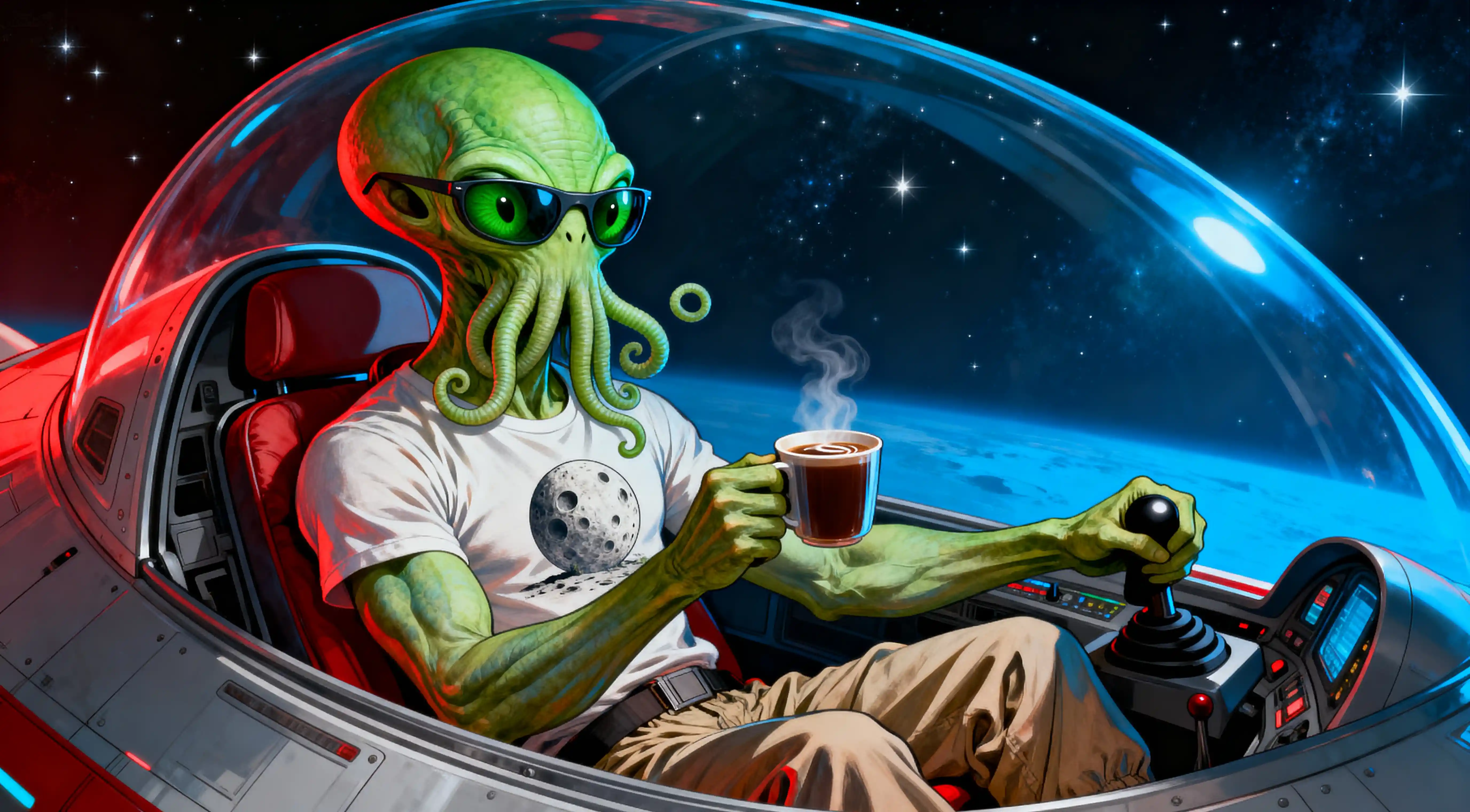 Relaxed Alien Pilot Guides His Small Spacecraft Through A Solar System