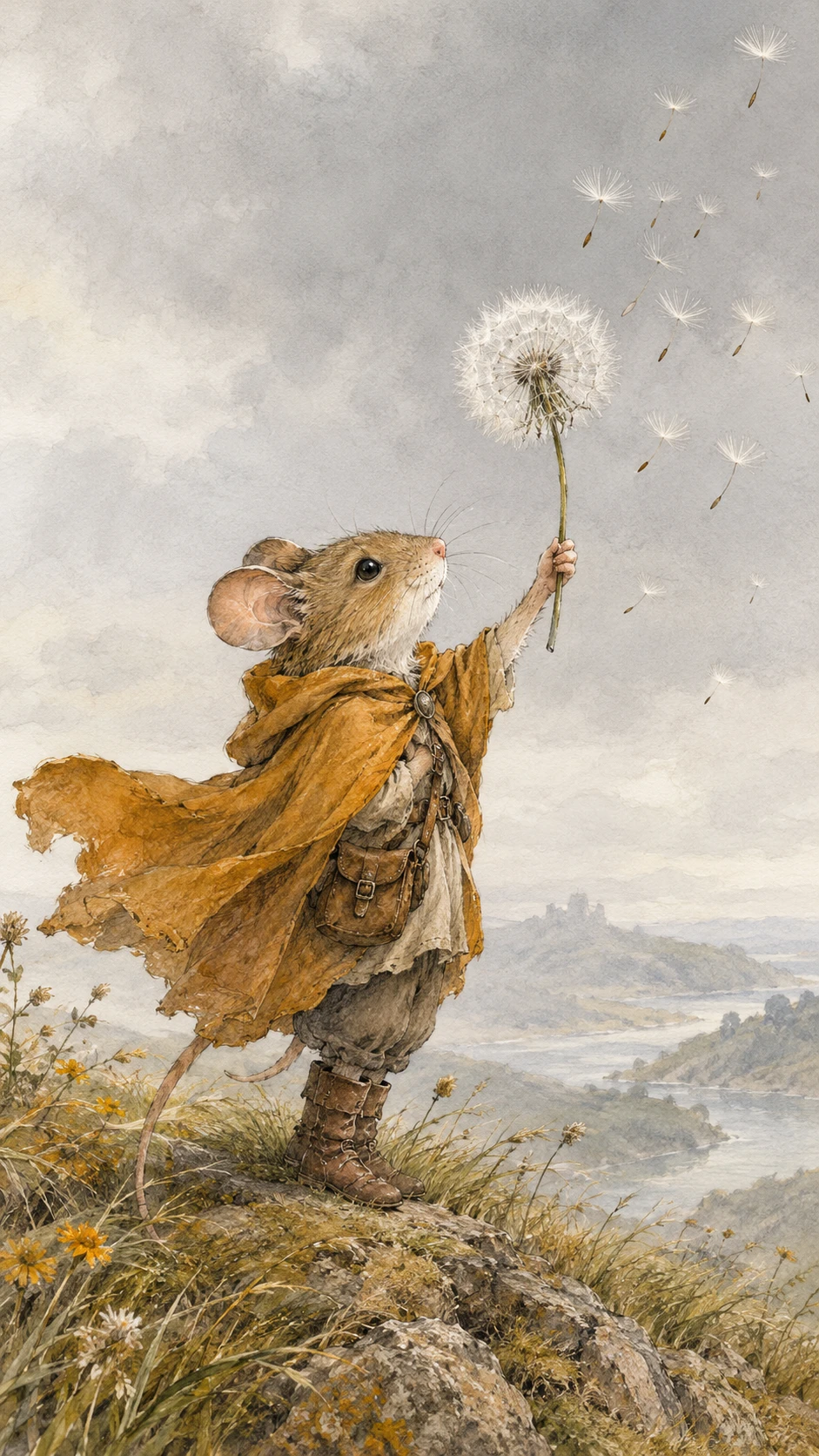 A Cloaked Field Mouse Raises a Dandelion on a Windy Hillside