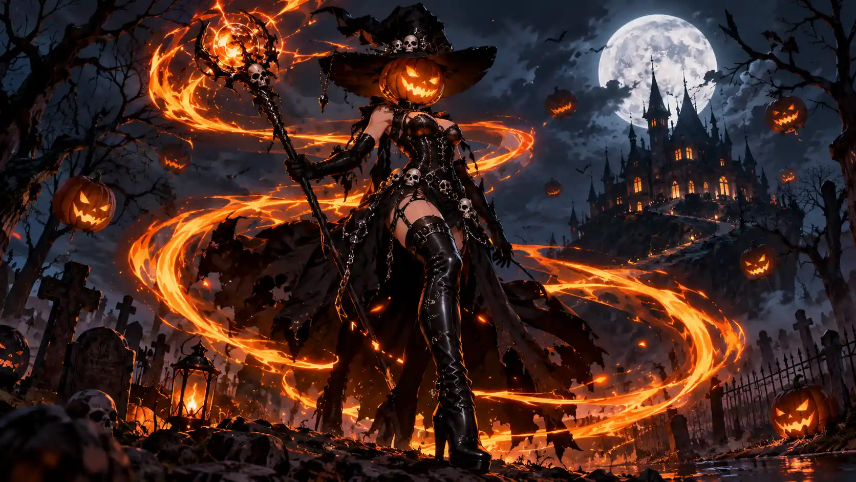Anime witch with a glowing jack-o'-lantern head conjures fiery energy