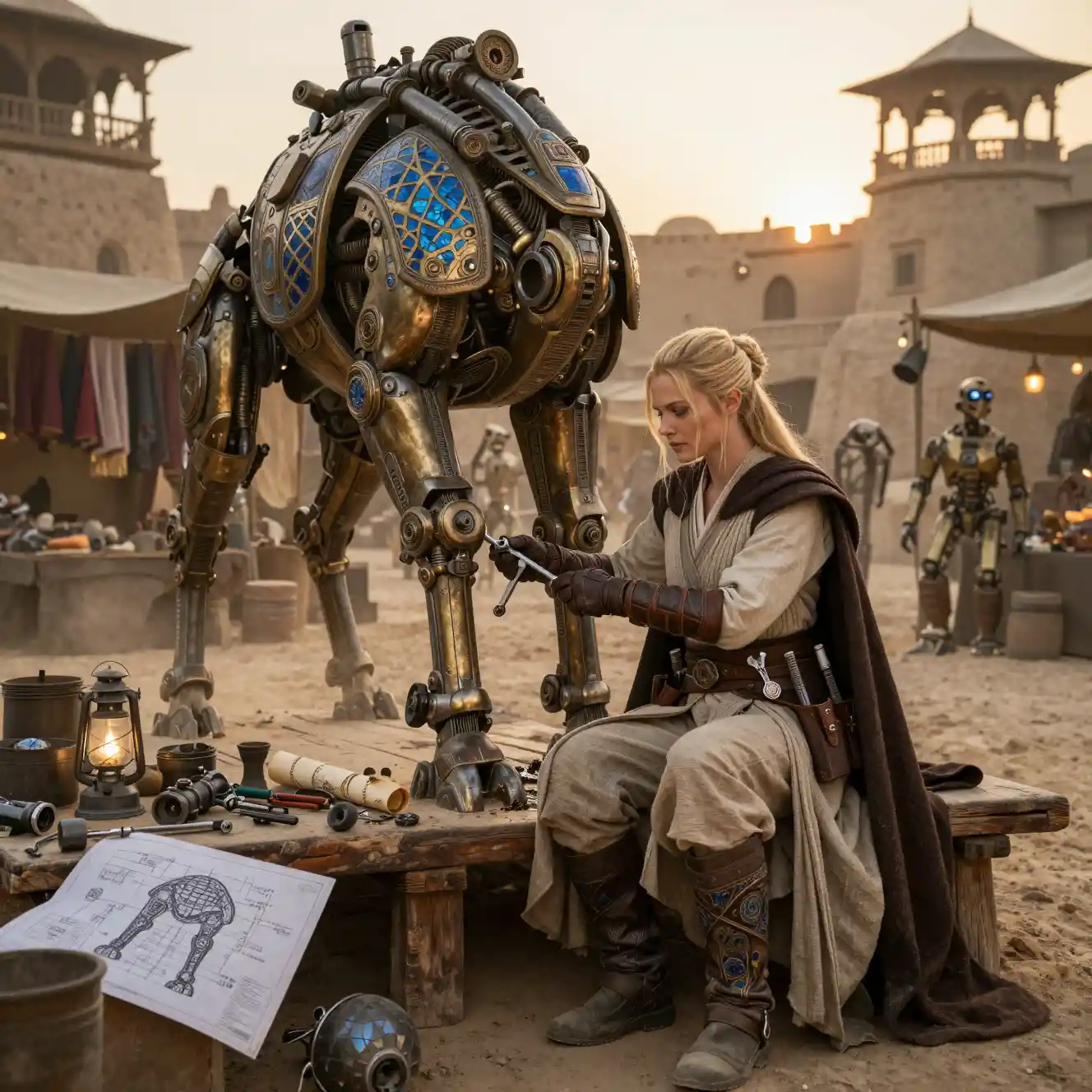 A blonde Jedi master sits thoughtfully in a desert marketplace workshop
