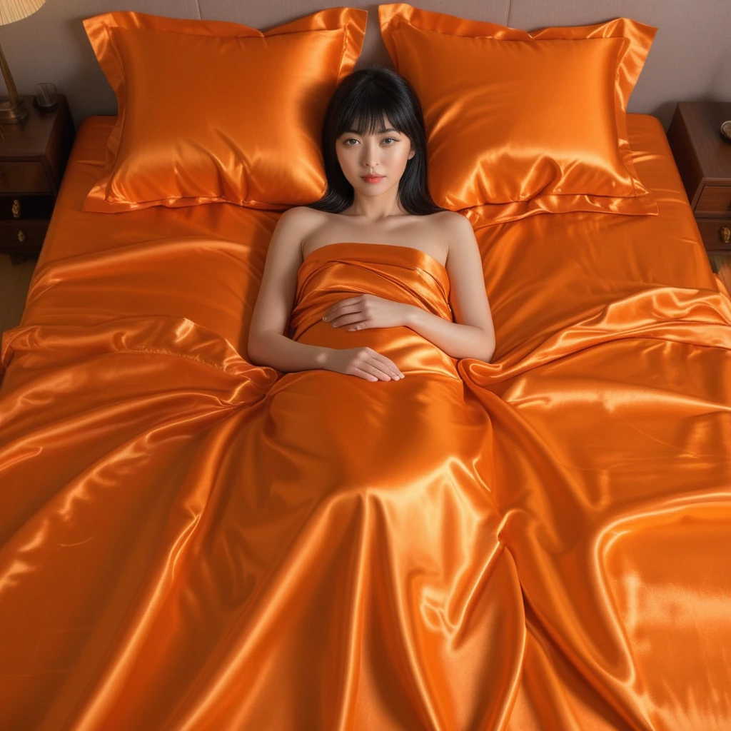 A Japanese woman lies on glossy orange satin bed sheets