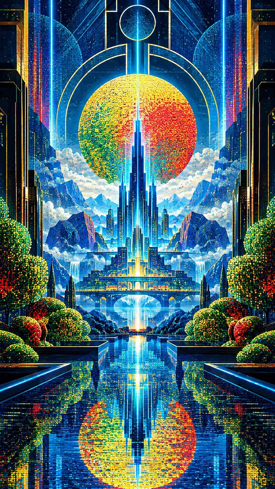 A pointillist landscape crafted from tiny gel threads on paper