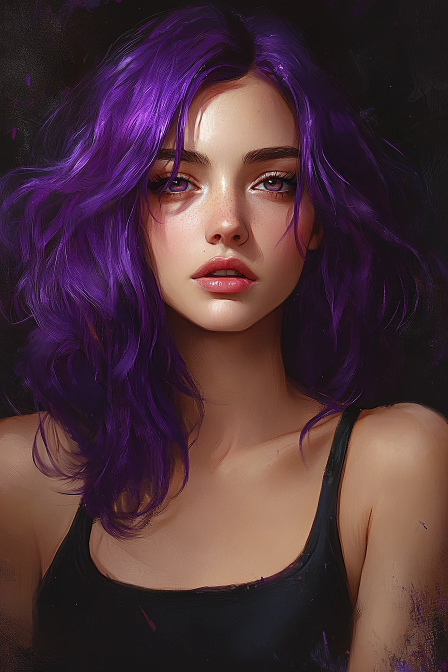 A glamorous woman walking in violet, cream, magenta, and black tones
