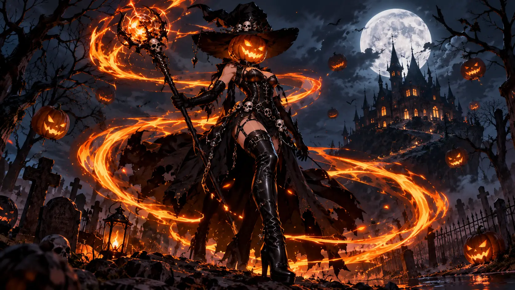 Anime witch with a glowing jack-o'-lantern head conjures fiery energy