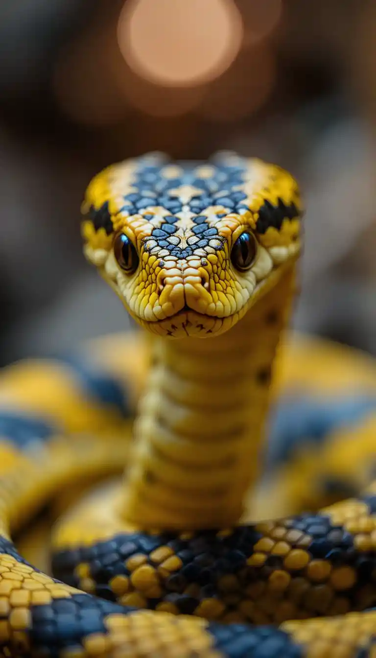 A yellow and black viper coiled and ready to strike