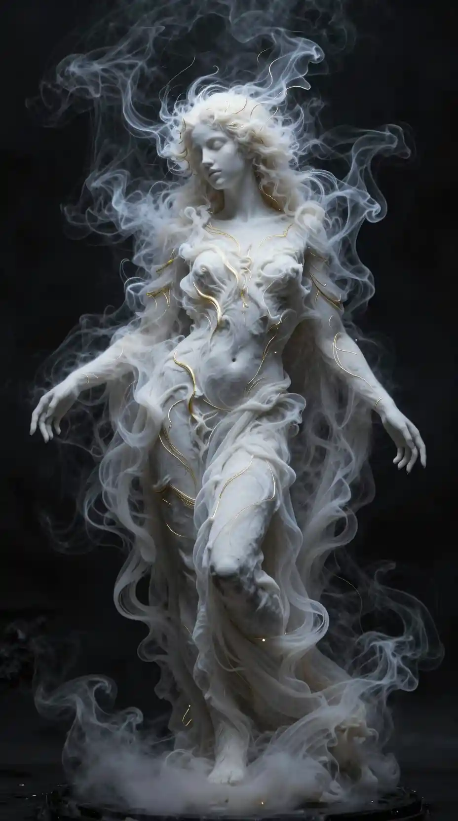 A smoke-bodied deity traced with radiant gold against blackness