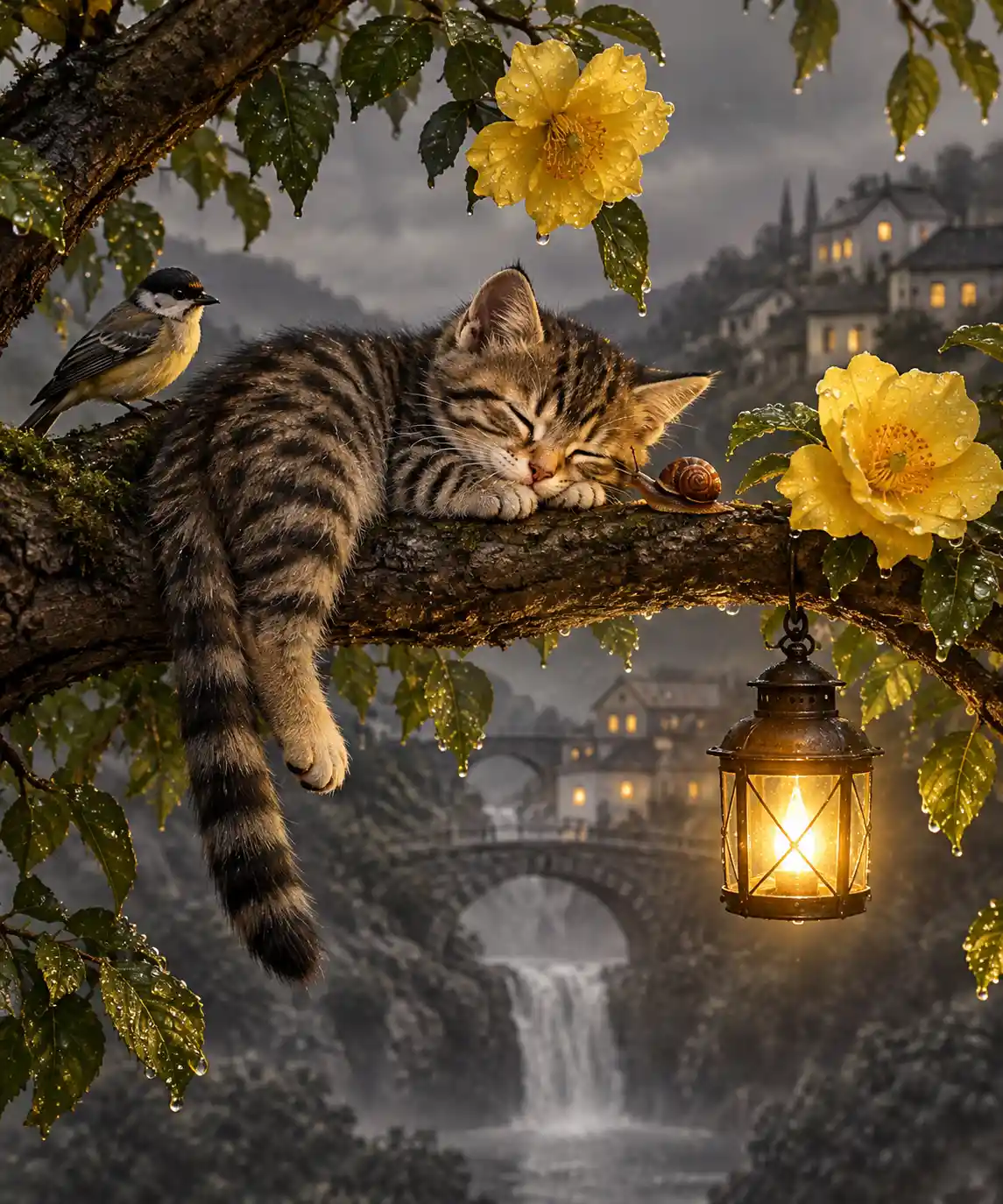 A Striped Cat Napping on a Flowering Branch Above a Waterfall