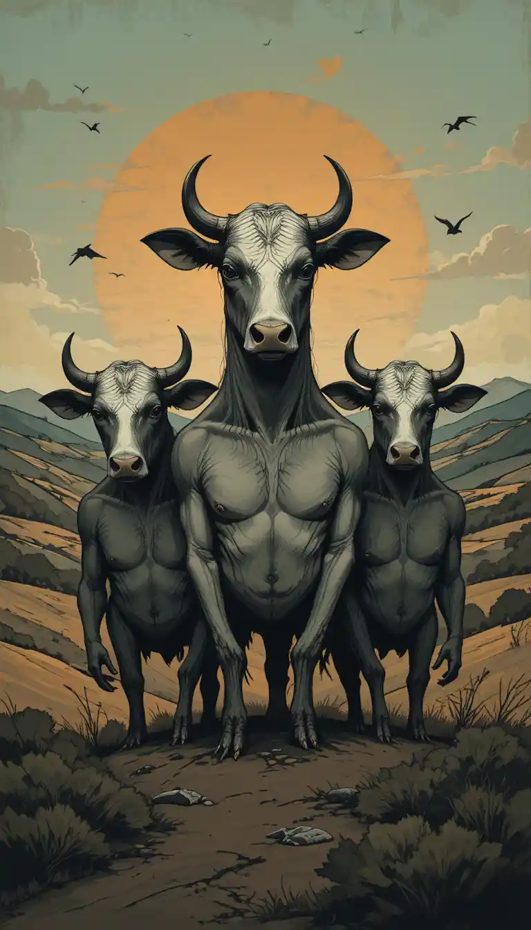Three anthropomorphic cows against rolling hills at sunset