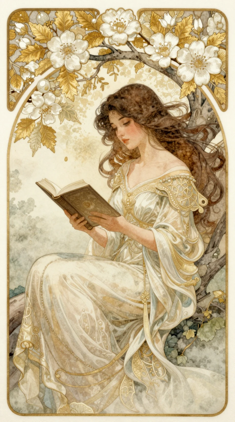 Une femme lit sous une branche fleurie, vêtue d'une robe richement ornée