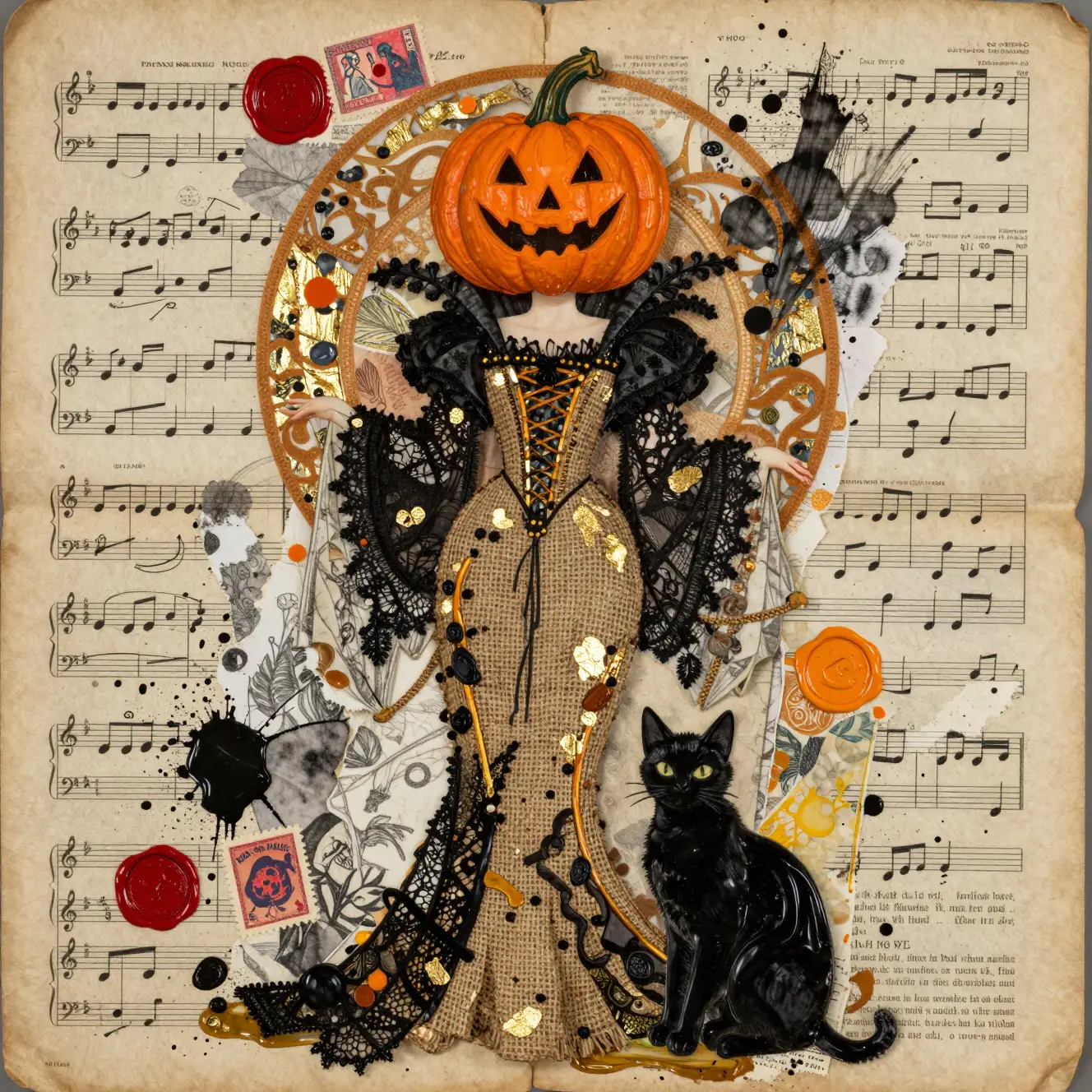 A Pumpkin Queen And Her Black Cat In Art Nouveau Collage