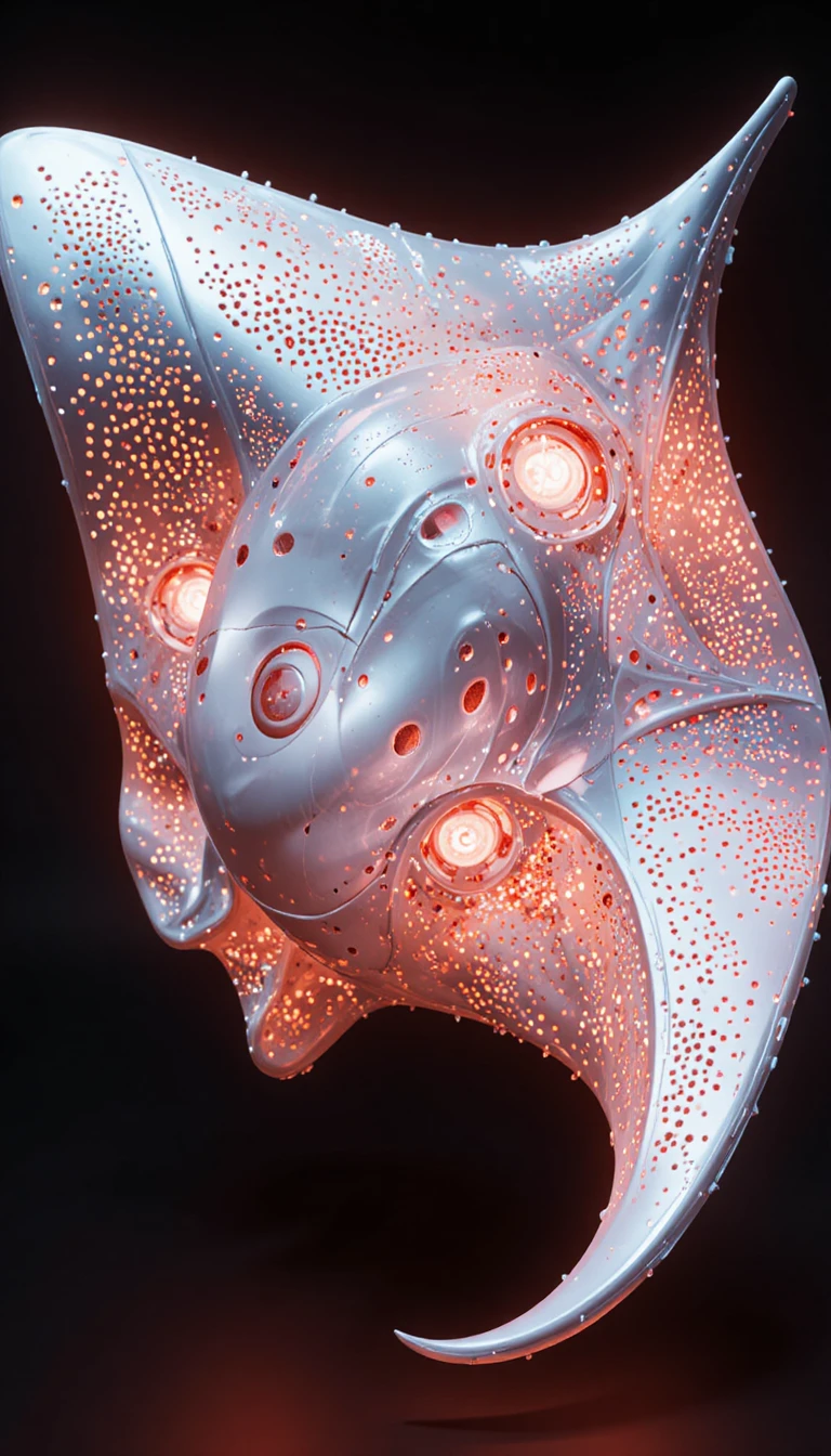 Une sculpture chromée de raie manta brille devant une crique pâle