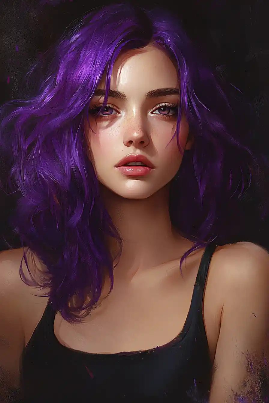 A glamorous woman walking in violet, cream, magenta, and black tones