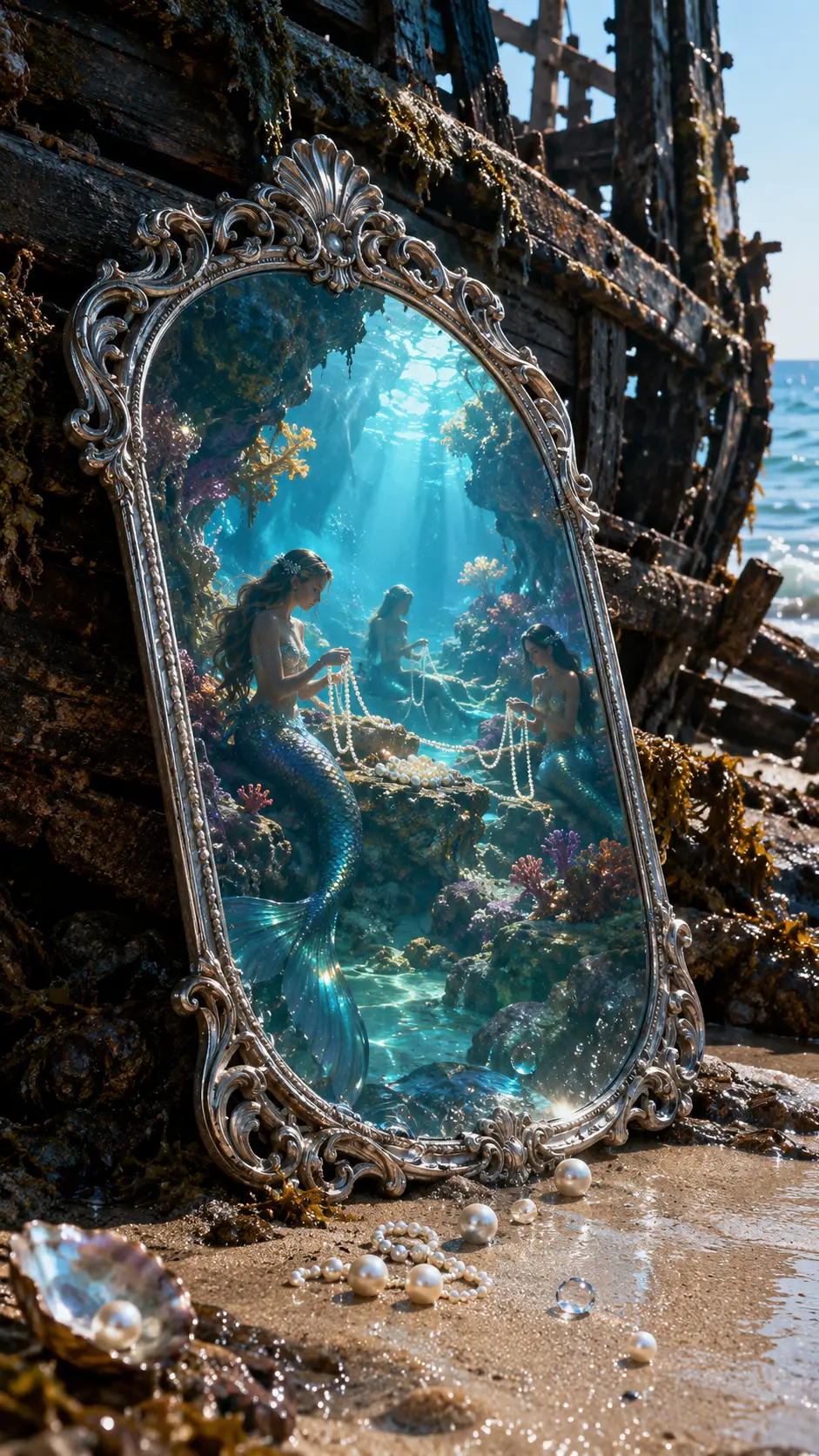 An ornate silver-framed mirror rests against an old shipwreck