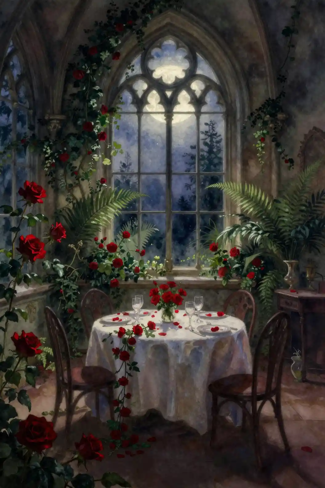 A Forgotten Restaurant Glows Beneath Moonlight in a Gothic Conservatory